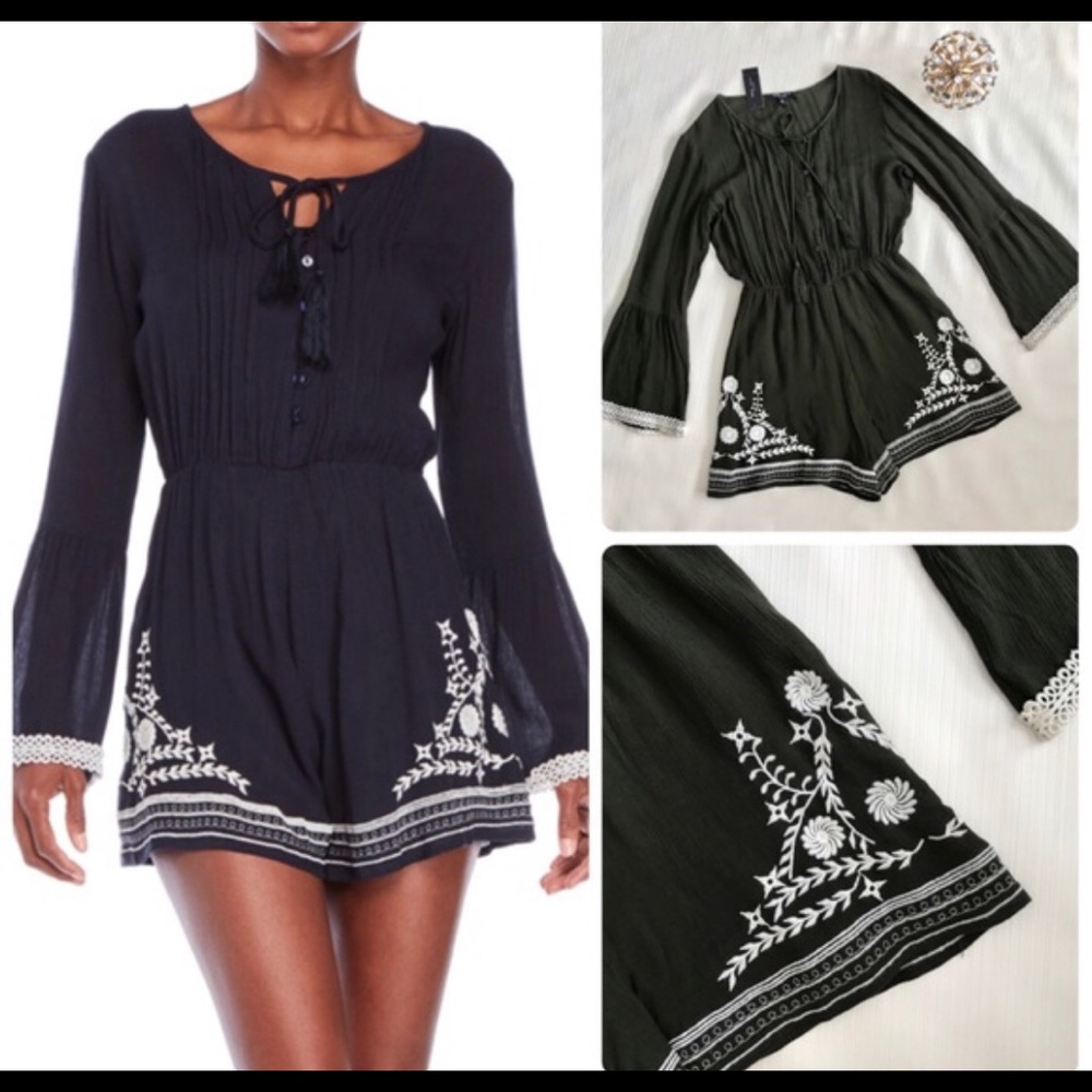 Dark Green Embroidered Romper